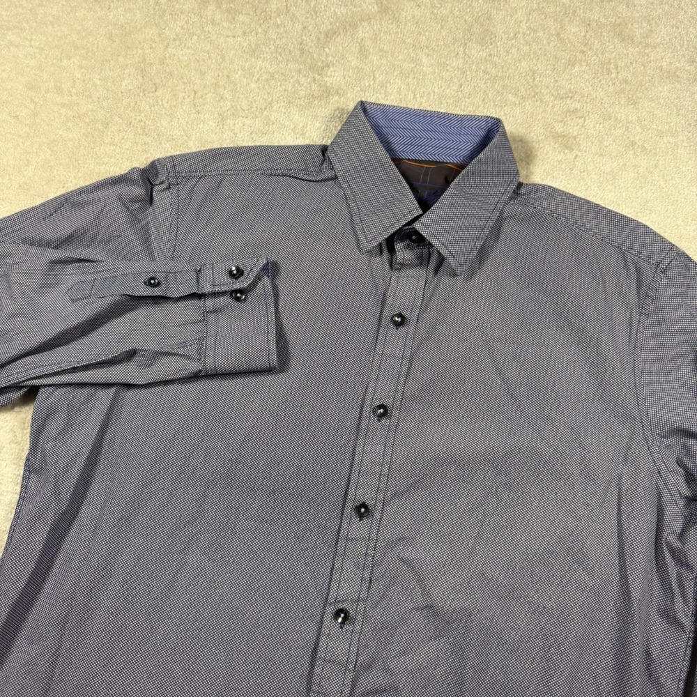 Tasso Elba Button Front Shirt Mens L 16-16.5 Blue Micro Geometric Cotton